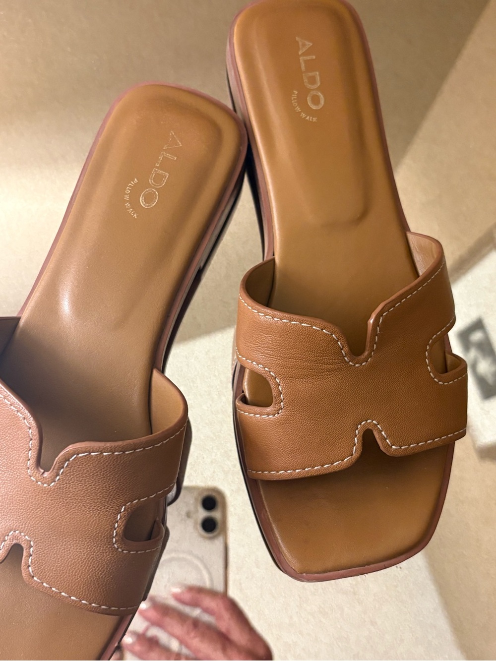 ALDO Brown Leather Slide Mules with Contrast Stitching